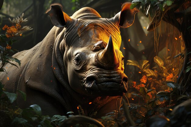 Majestic rhino rests in the forest wrapped in the lush nature generative IA