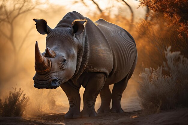 Majestic rhino on the savannah at sunset generative IA