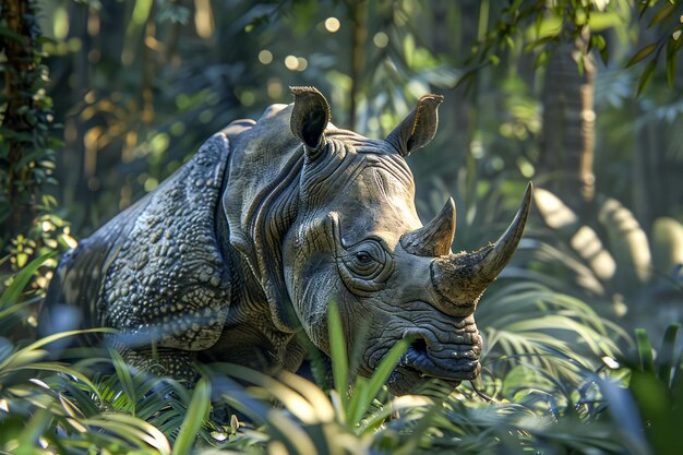 Foto maestoso rinoceronte in una foresta lussureggiante scena realistica della fauna selvatica con filtro solare