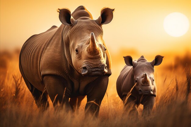 Photo majestic rhinos roaming freely in the vast african savanna during the golden hour