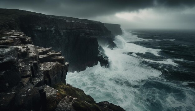 Majestic rock cliffs crash into rough waves generated by AI