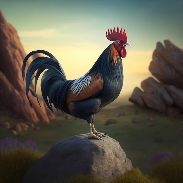 Majestic Rooster Standing in a Dark Field Generative Ai