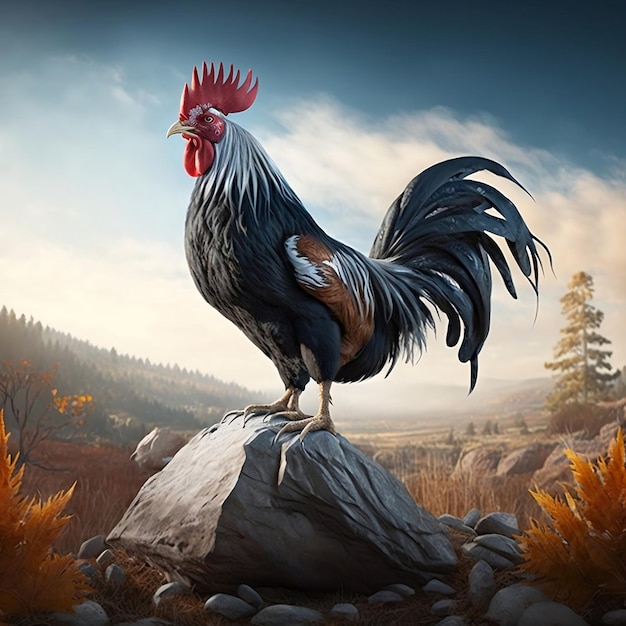 Majestic Rooster Standing in a Dark Field