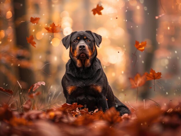 Majestic Rottweiler Sitting Gracefully in Enchanted Forest