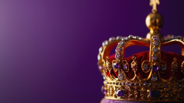 Photo a majestic royal crown adorned with sparkling jewels against a deep purple background