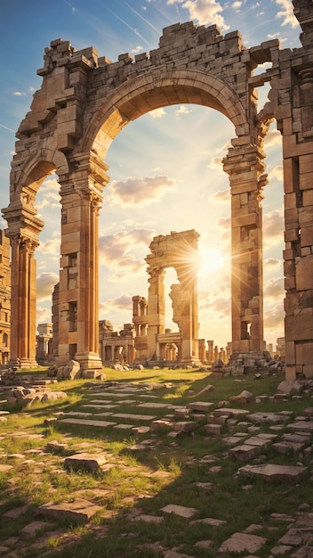Majestic ruins of an ancient mysterious city at sunset