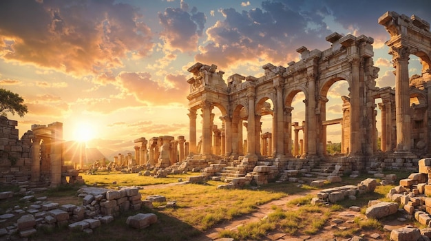 Majestic ruins of an ancient mysterious city at sunset