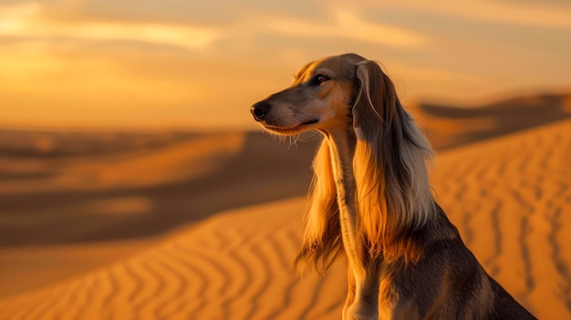 Majestic Saluki Dog Sitting on a Sand Dune at Sunset Animal Majesty in the Desert Landscape