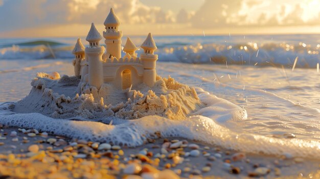 사진 은 해변 날 의 웅장 한 모래 성