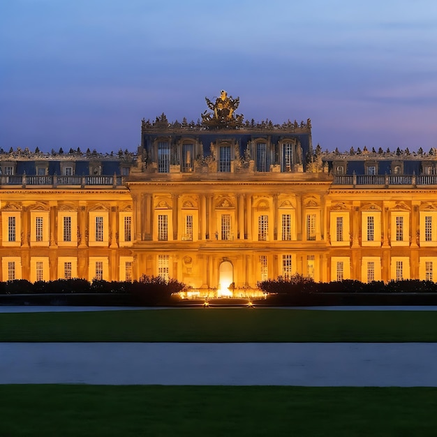 Majestic sandstone building illuminated at dusk Palace of Versailles