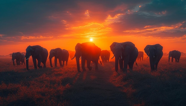 a majestic scene of a herd of elephants walking across the African savannah at sunset