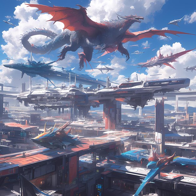 Величественный научно-фантастический городской пейзаж с летающими драконами и кораблями