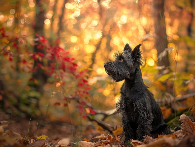 Majestic Scottish Terrier sitting gracefully in lush forest setting