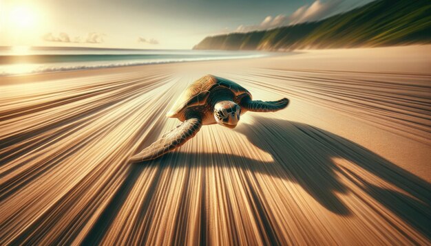 Foto una maestosa tartaruga marina sembra volare su un paesaggio di dune di sabbia sotto un cielo dinamico che trasmette un senso di libertà e movimento