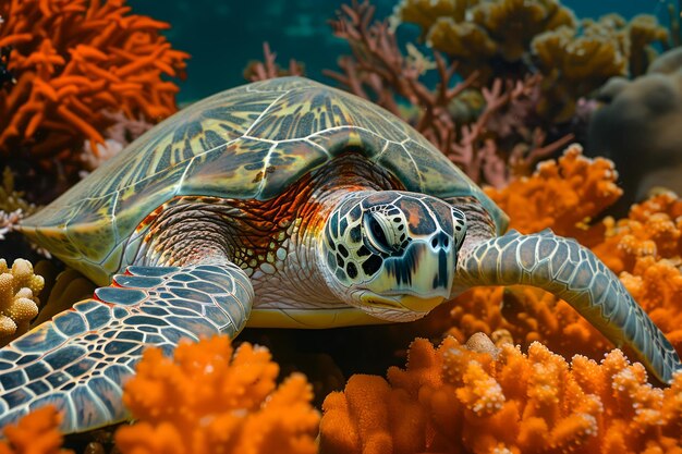 Majestic Sea Turtle Gliding Through Vibrant Coral Reef in Tropical Ocean Waters