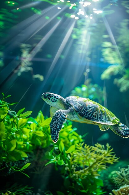Majestic Sea Turtle Swimming Gracefully Under Ocean Beams of Light Amongst Lush Marine Flora