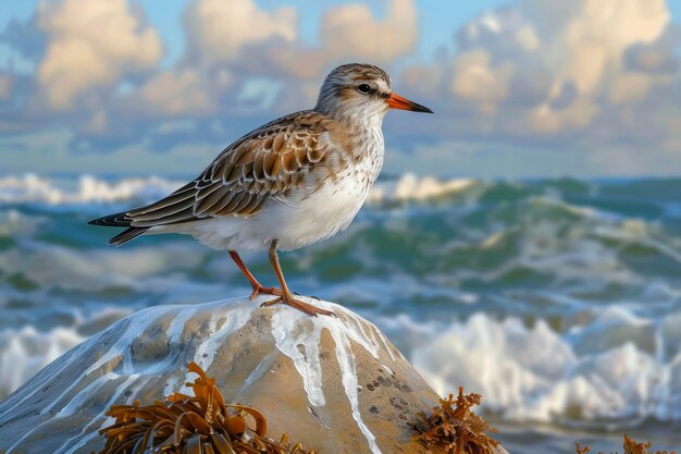 Majestic Seabird Perched on Rocky Shore Overlooking Turbulent Ocean Waves Under Dramatic Sky