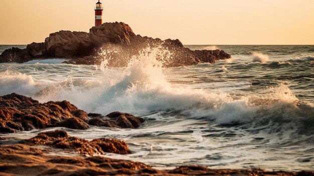 Foto maestosa scogliera al mare al tramonto con il faro in lontananza