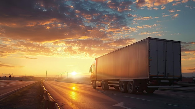 Majestic SemiTruck Driving Through Golden Sunset