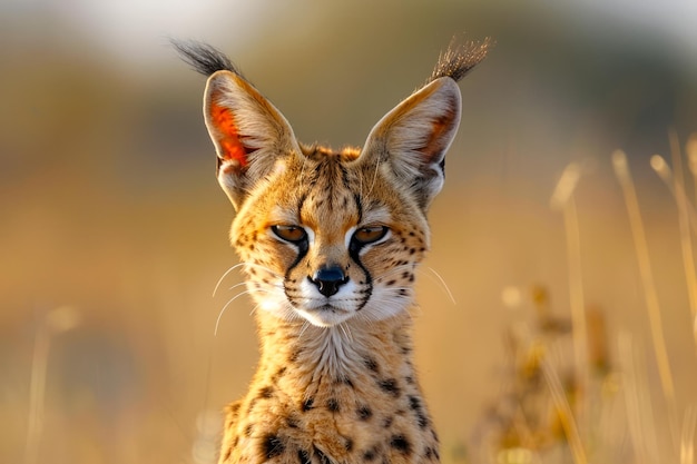 Majestic Serval Cat in Natural Habitat at Golden Hour with Ears Perked and Intense Gaze Wildlife