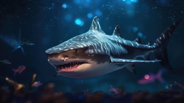Majestic Shark Swimming Amidst Colorful Fish Generative AI