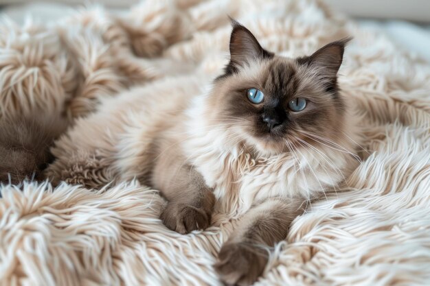 Majestic Siamese Cat Lounging on Fluffy Cream Colored Blanket Beautiful Blue Eyes and Luxurious