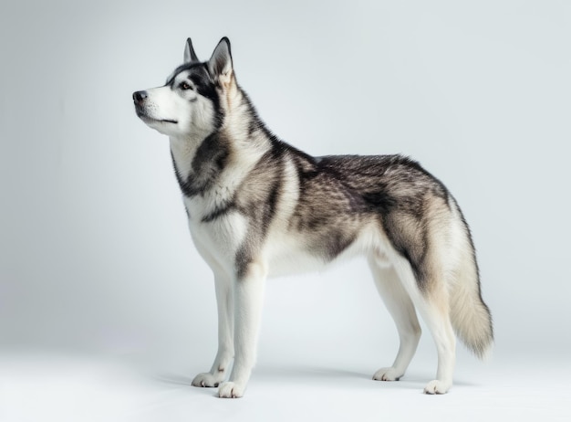 A majestic Siberian Husky with a thick coat standing in profile against a white background