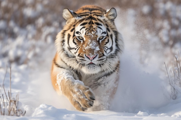 Majestic Siberian Tiger Running in Snow Created with generative AI tools