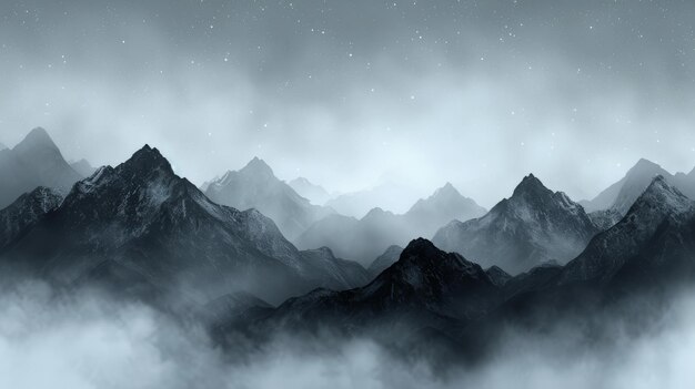 Photo the majestic silhouette of mountains cloaked in mist standing sentinel under a vast