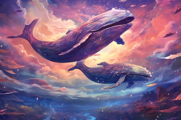 Photo majestic sky whales soaring through the heavens with grace and tranquility generative ai