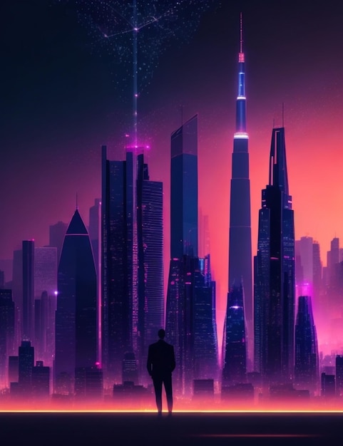 A majestic skyscraper silhouette is illuminated by a dazzling array of vibrant city lights at dusk