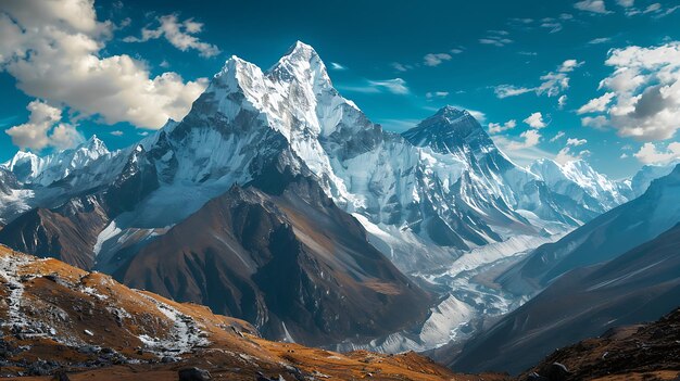 Photo the majestic snowcapped mountains tower over the rugged landscape below