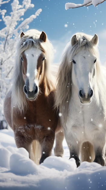 Majestic snowy horses against a serene snowy white background Vertical Mobile Wallpaper