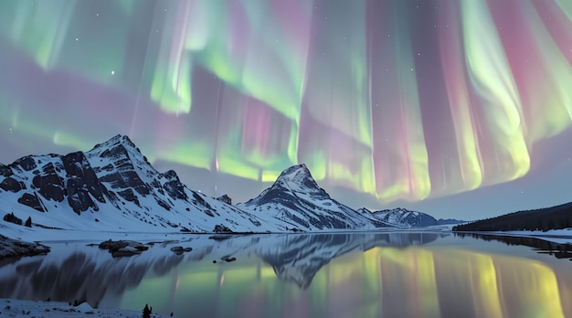 Majestic snowy mountains and colorful aurora sky