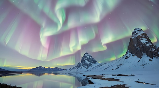 Majestic snowy mountains and colorful aurora sky