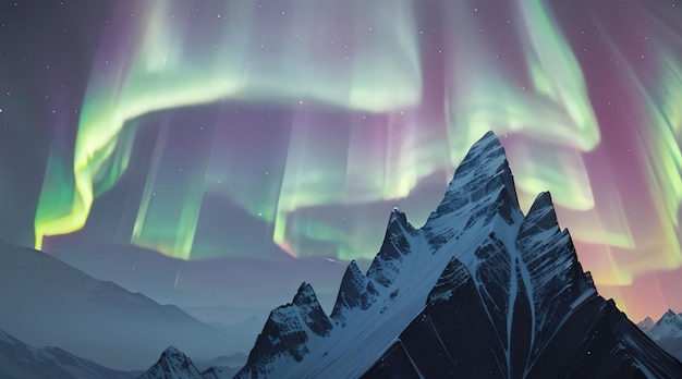 Majestic snowy mountains and colorful aurora sky