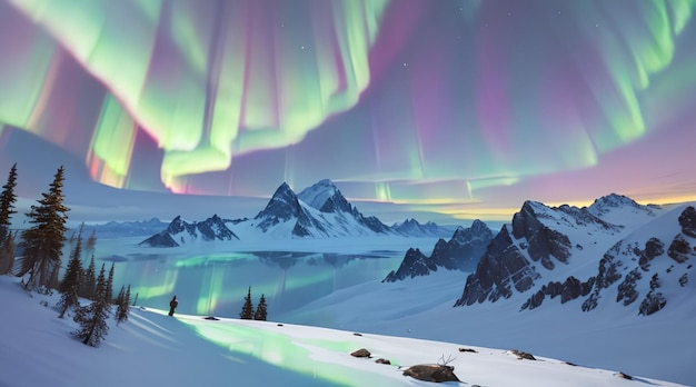 Majestic snowy mountains and colorful aurora sky