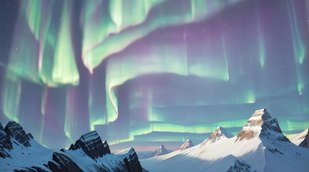 Majestic snowy mountains and colorful aurora sky