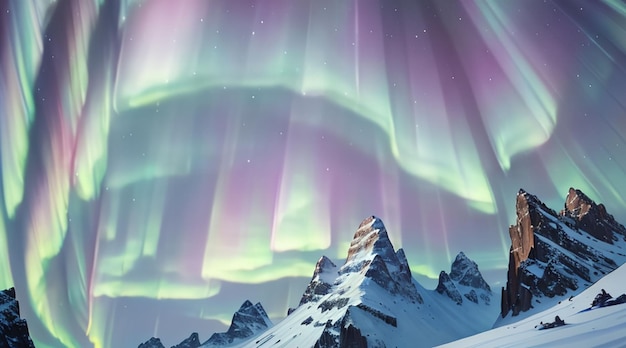 Величественные снежные горы и красочное небо полярного сияния