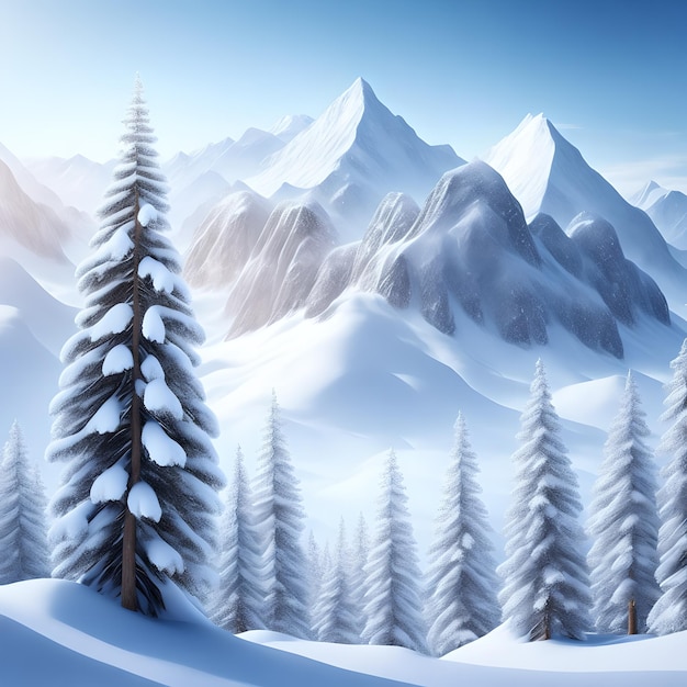 美しい雪の山々 白い松の木 壁紙