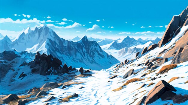 壮大な雪の頂点 イラスト 冬の不思議の国 やかな山の風景