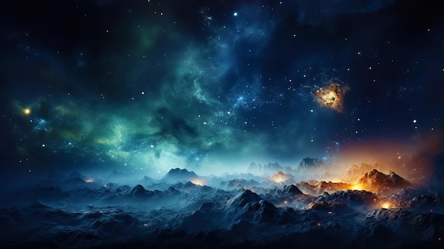 Photo majestic space scene with mountains and stars universe galaxy and nebula in outer space