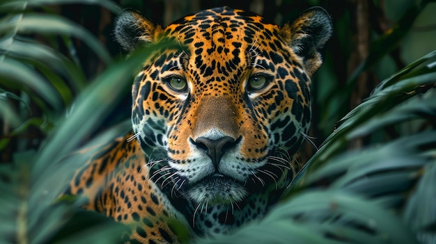 Majestic Spotted Jaguar Peering Through Lush Tropical Foliage in Natural Habitat Wildlife Stealth