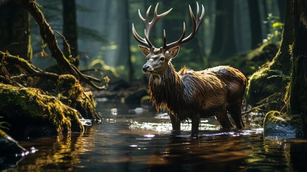 Majestic stag grazing in tranquil mountain meadow generated by AI