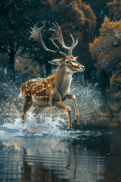 Majestic Stag Sprinting Through Water in Mystical Forest Scene