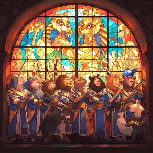 Majestic Stained Glass Window Illustration with Colorful Animals