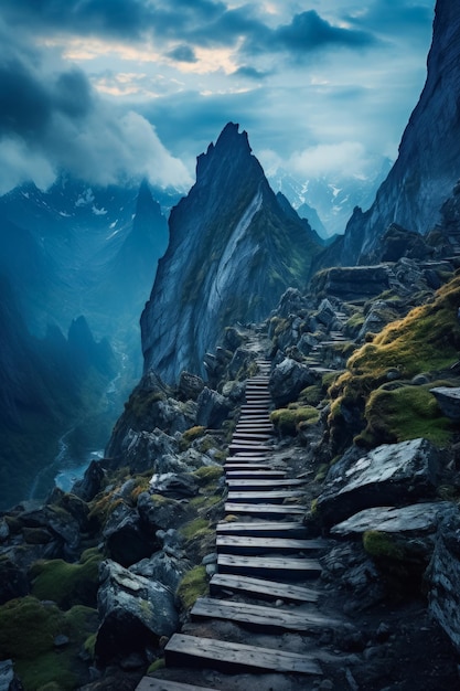 Majestic stairways ascend towards ethereal heavens amidst towering rugged mountain peaks