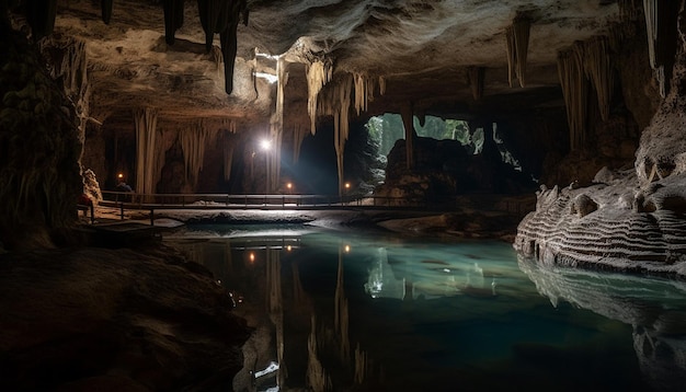 Majestic stalactites and stalagmites in famous underground grotto reflect beauty generated by artificial intelligence