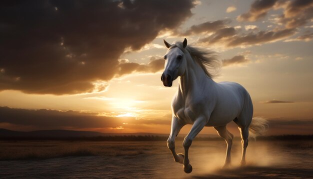 Majestic stallion runs free in tranquil meadow generated by artificial intelligence