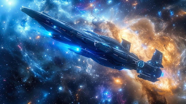 Foto majestic star cruiser navale spaziale blu scuro in viaggio tra le stelle